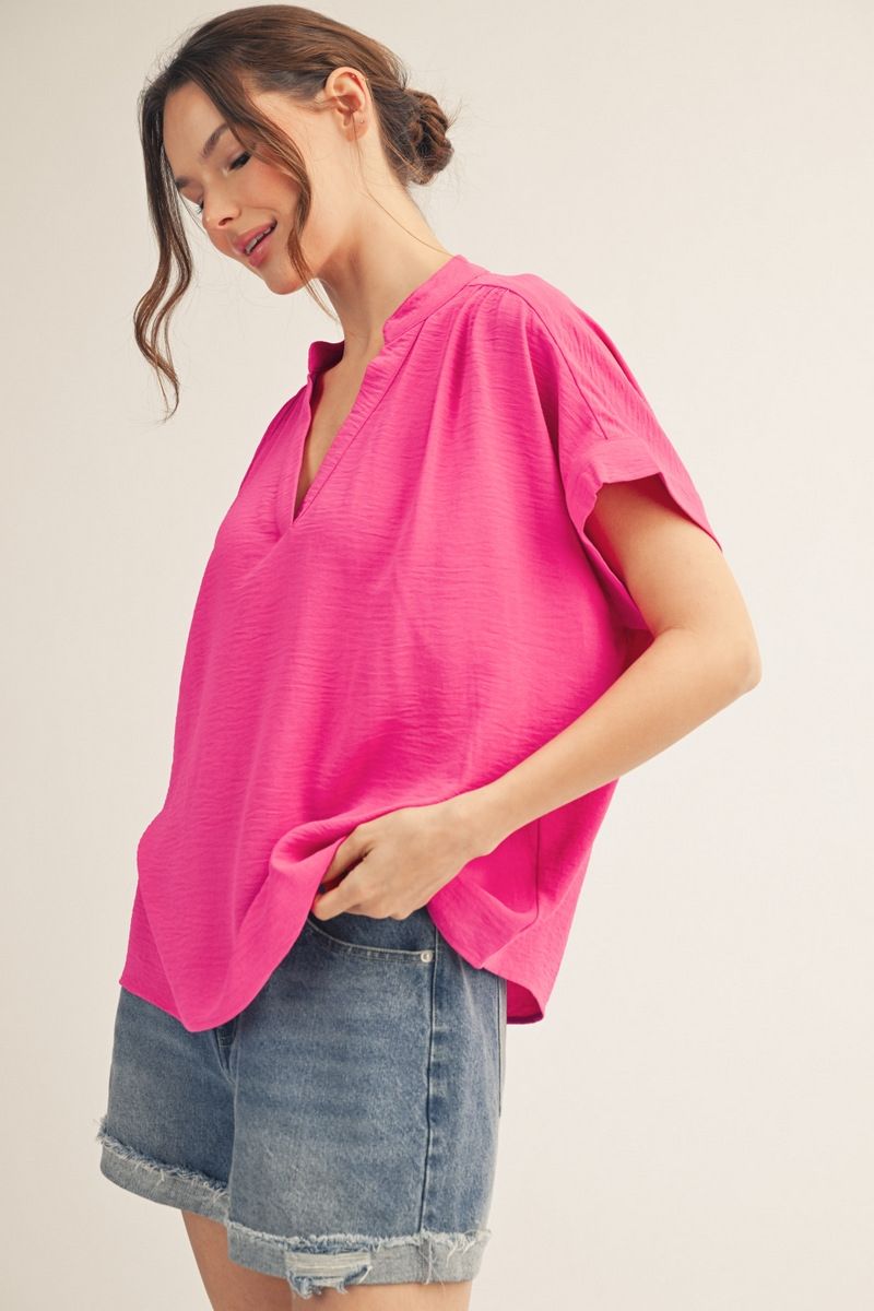 V-NECK SOLID HOT PINK TOP