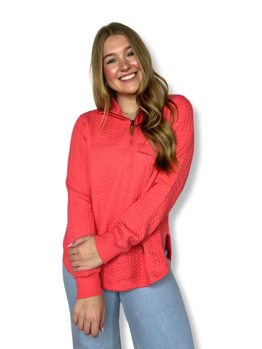 QUILTED HOT CORAL PULLOVER