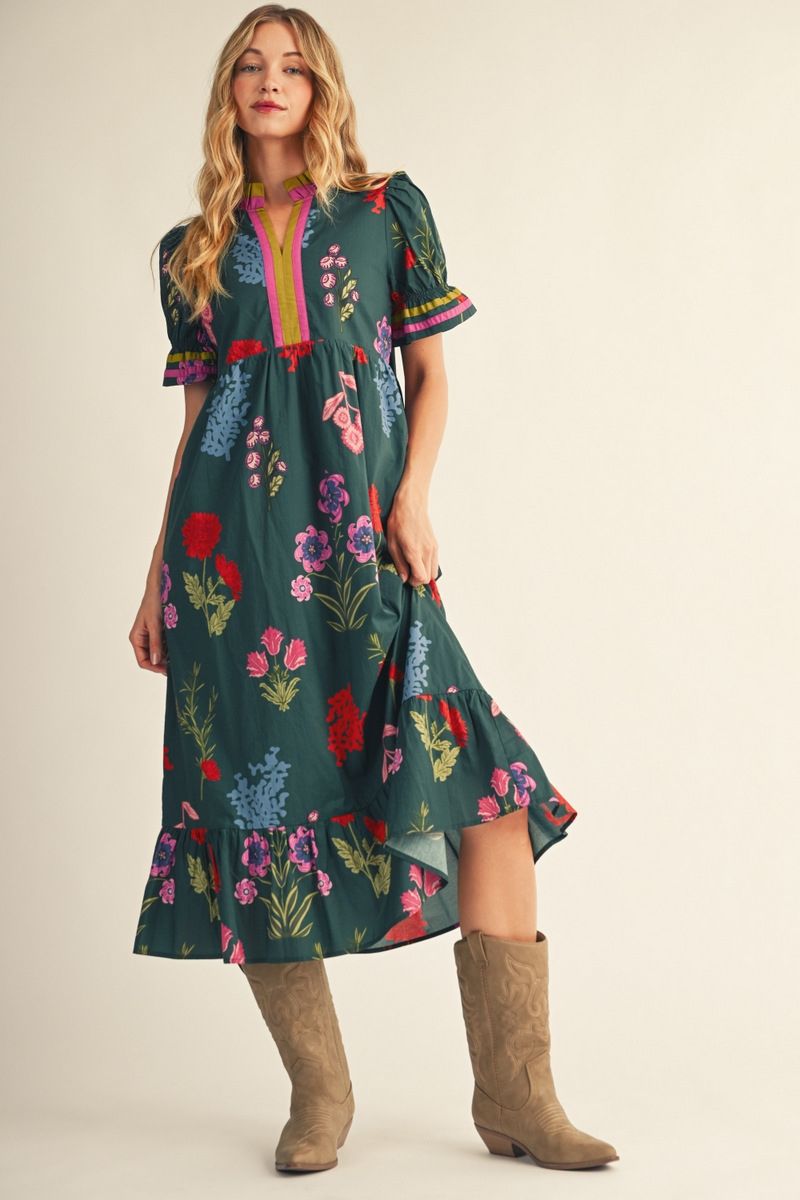 FLORAL MIDI HUNTER GREEN DRESS