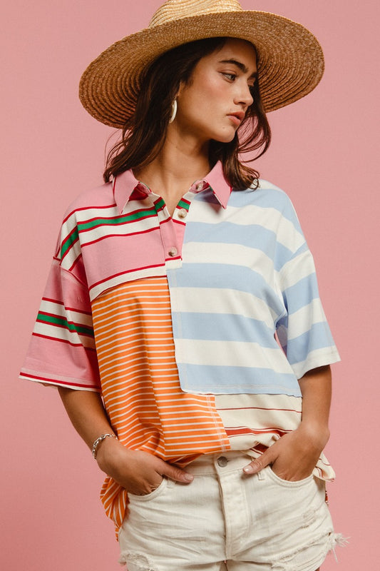 MIX STRIPE COLLAR TOP