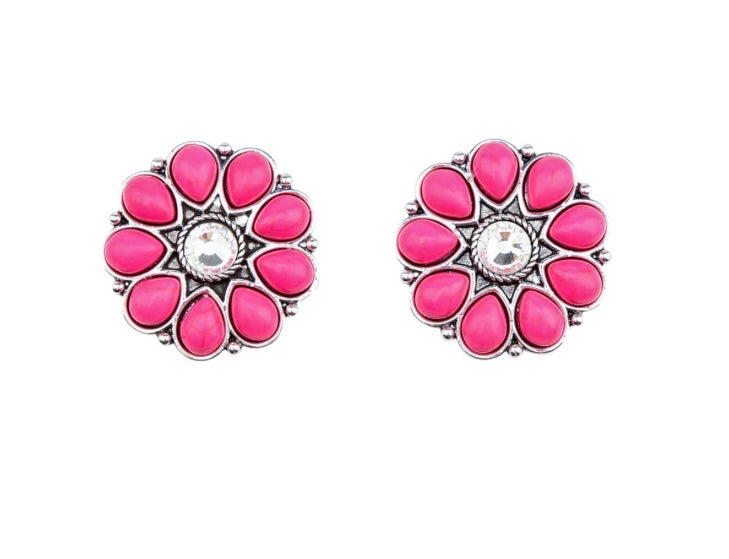 Burnished Silver Pink and Rhinestone Flower Stud Earring