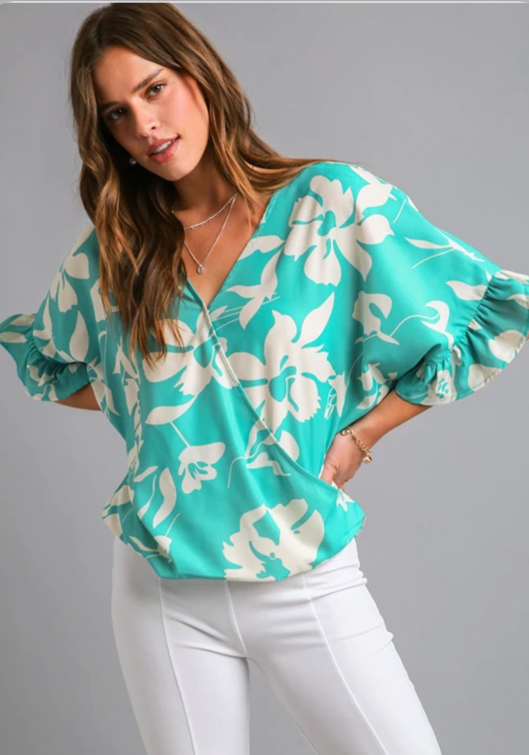 Teal Flower Print SS Top