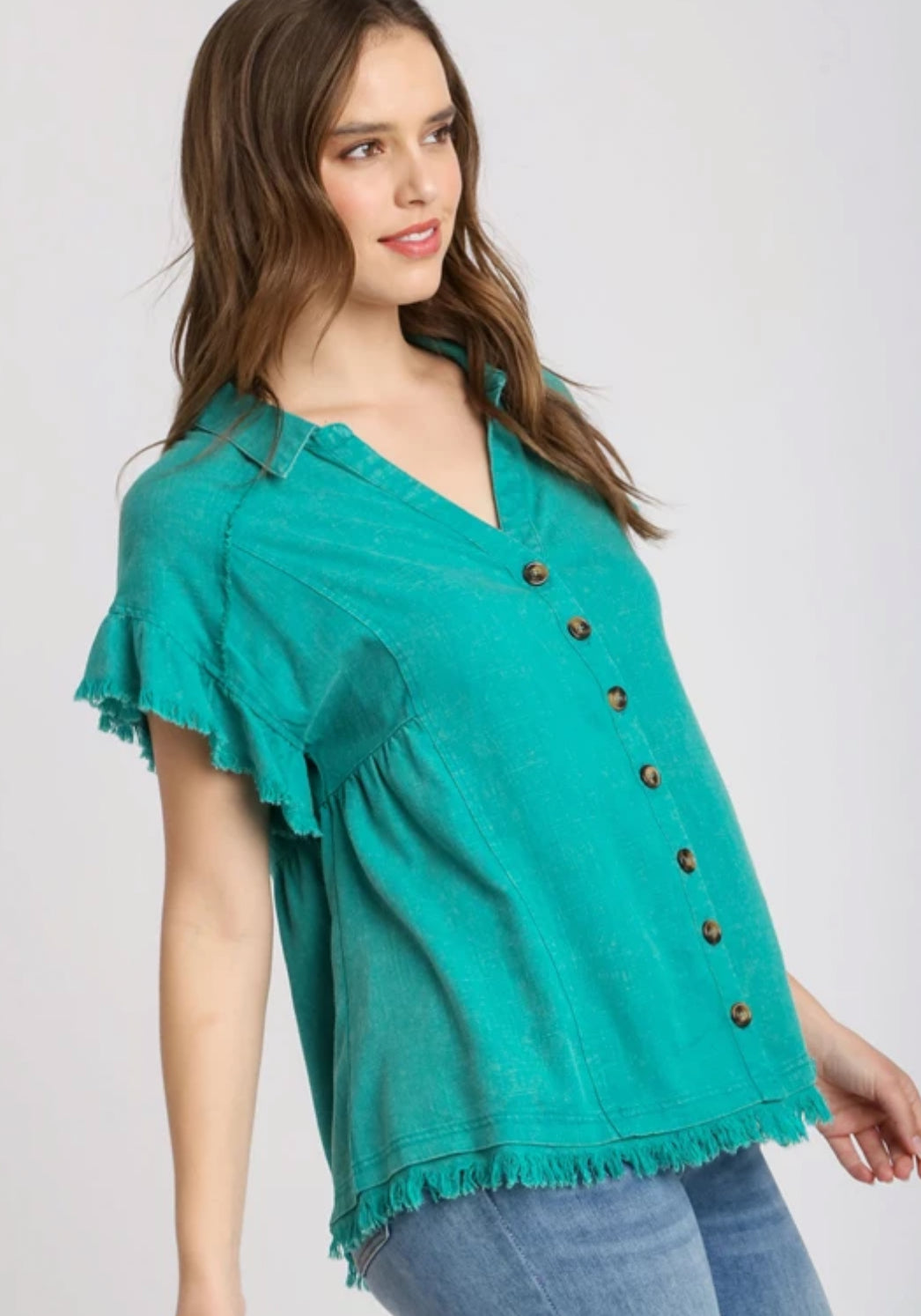 Green Linen Button Down Top