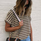 TEXTURED BROWN STRIPE CREW NECK TOP
