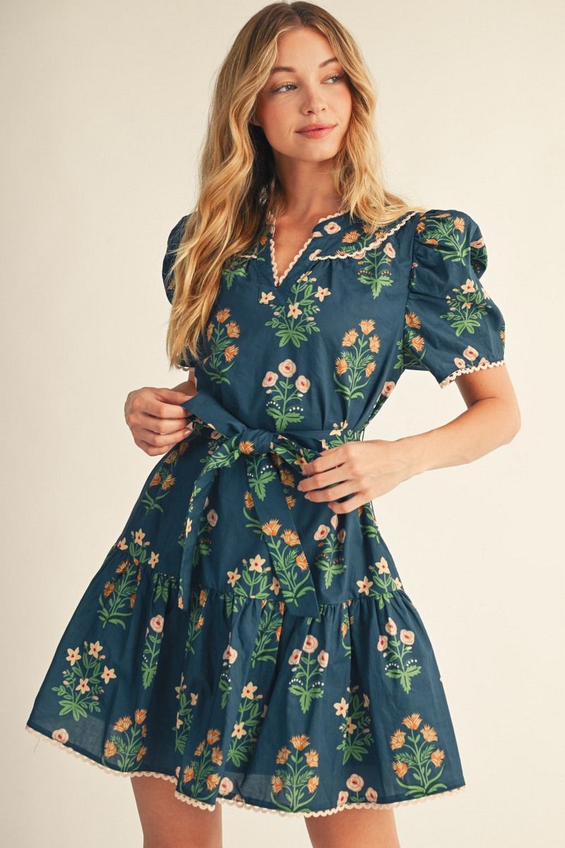 SCALLOP FLORAL TEAL DRESS