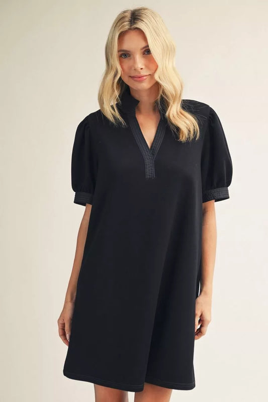 SOLID BLACK PUFF SLEEVE DRESS