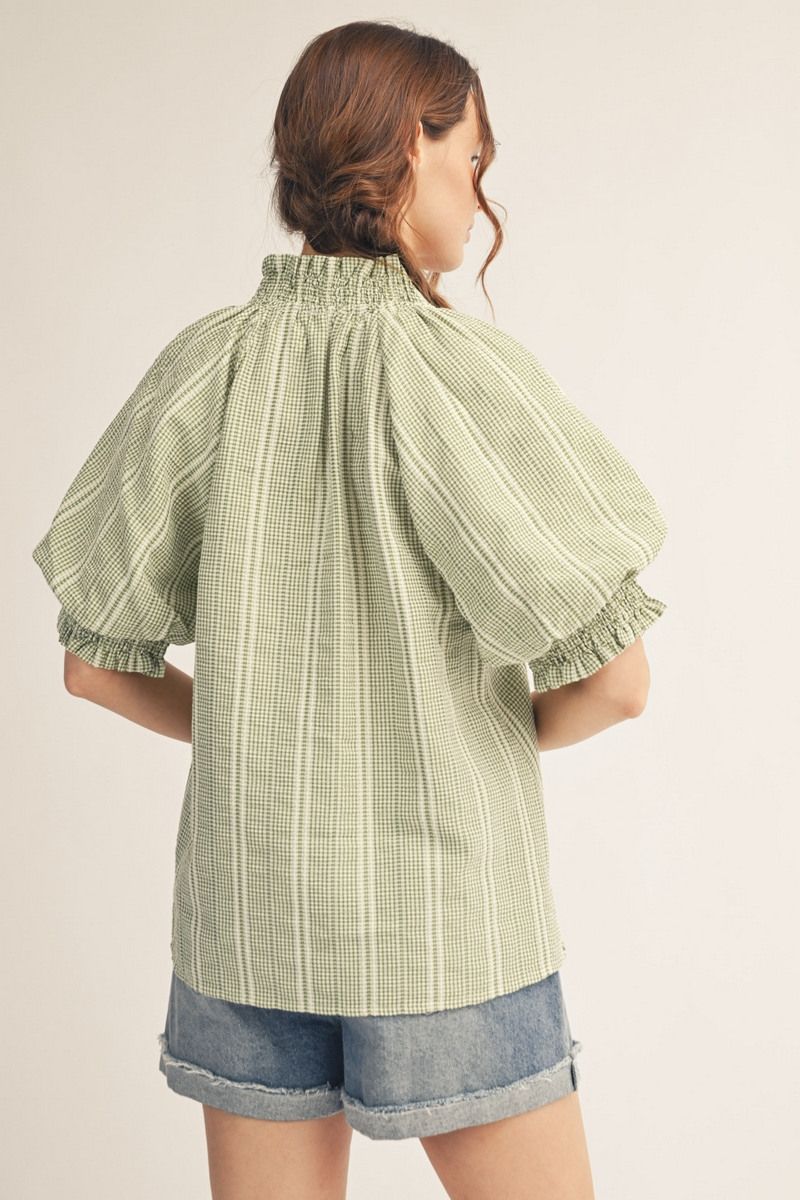 NOTCHED STRIPE SAGE TOP