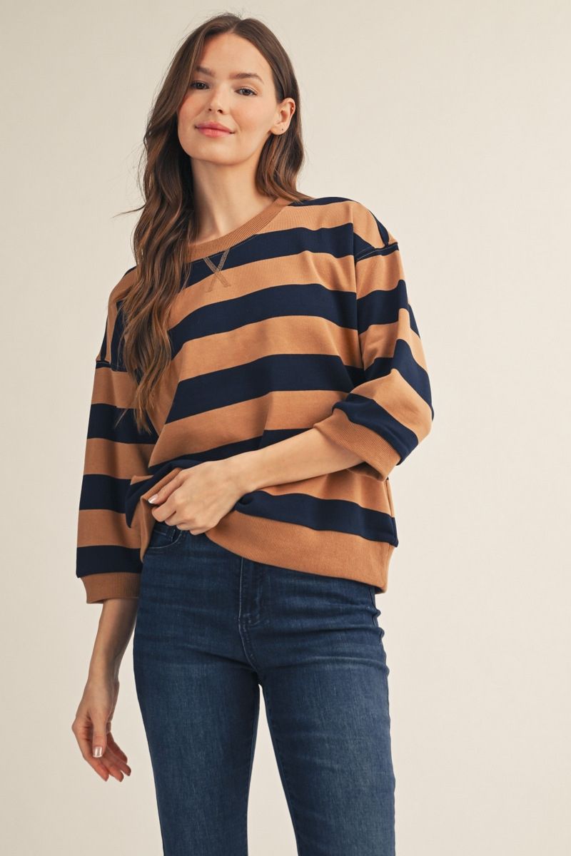 3/4 STRIPE CARMEL/NAVY TOP