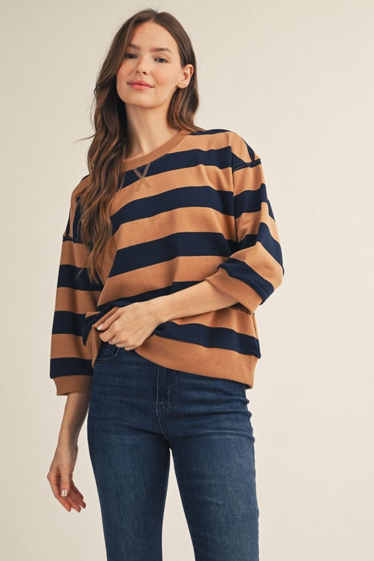 3/4 STRIPE CARMEL/NAVY TOP