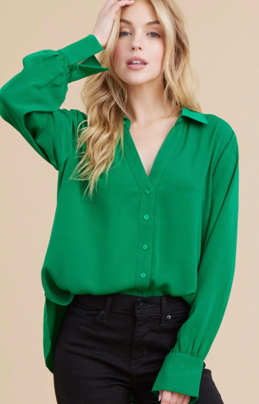 Solid Green Slit Collared LS Top