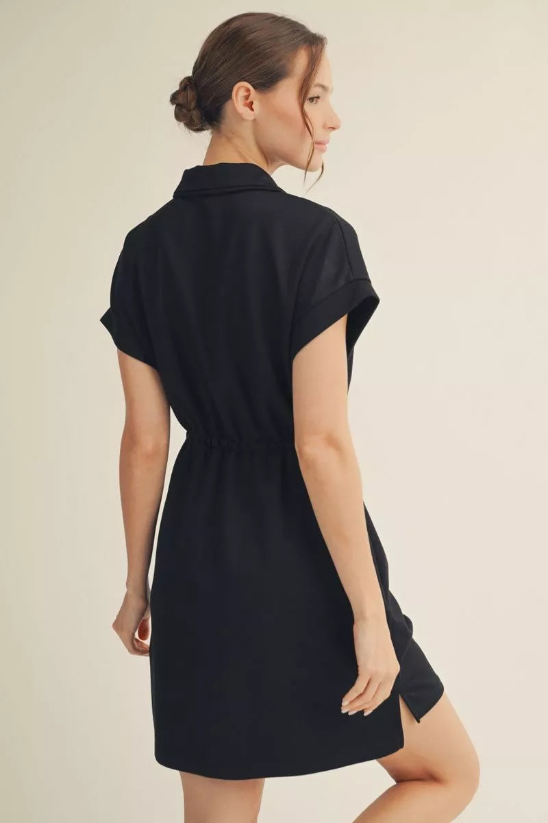 ZIP TIE WAIST BLACK DRESS