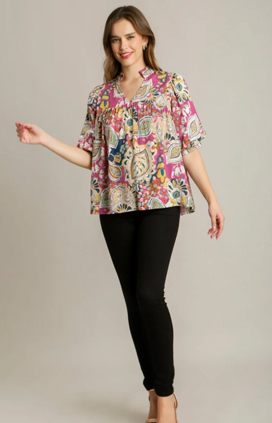 Mixed Print SS Puff Sleeve Top