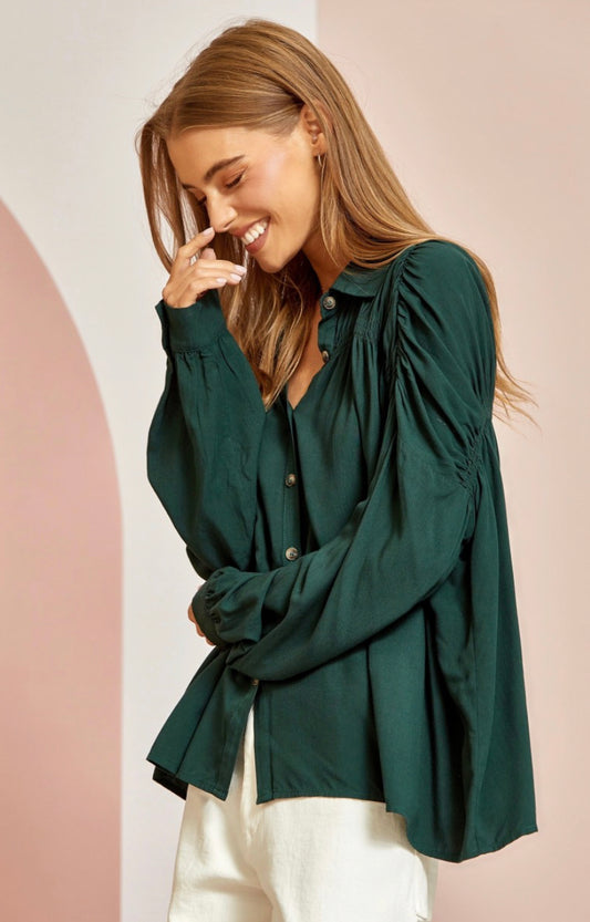 Ruching Green Shoulder LS top