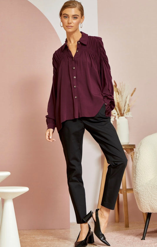 Ruching Wine Shoulder LS Top