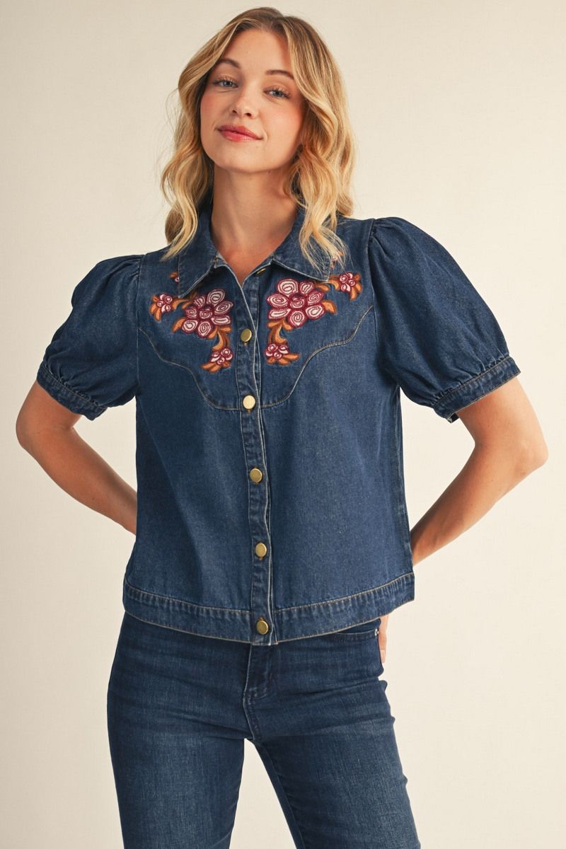 DENIM EMB ACCENT TOP