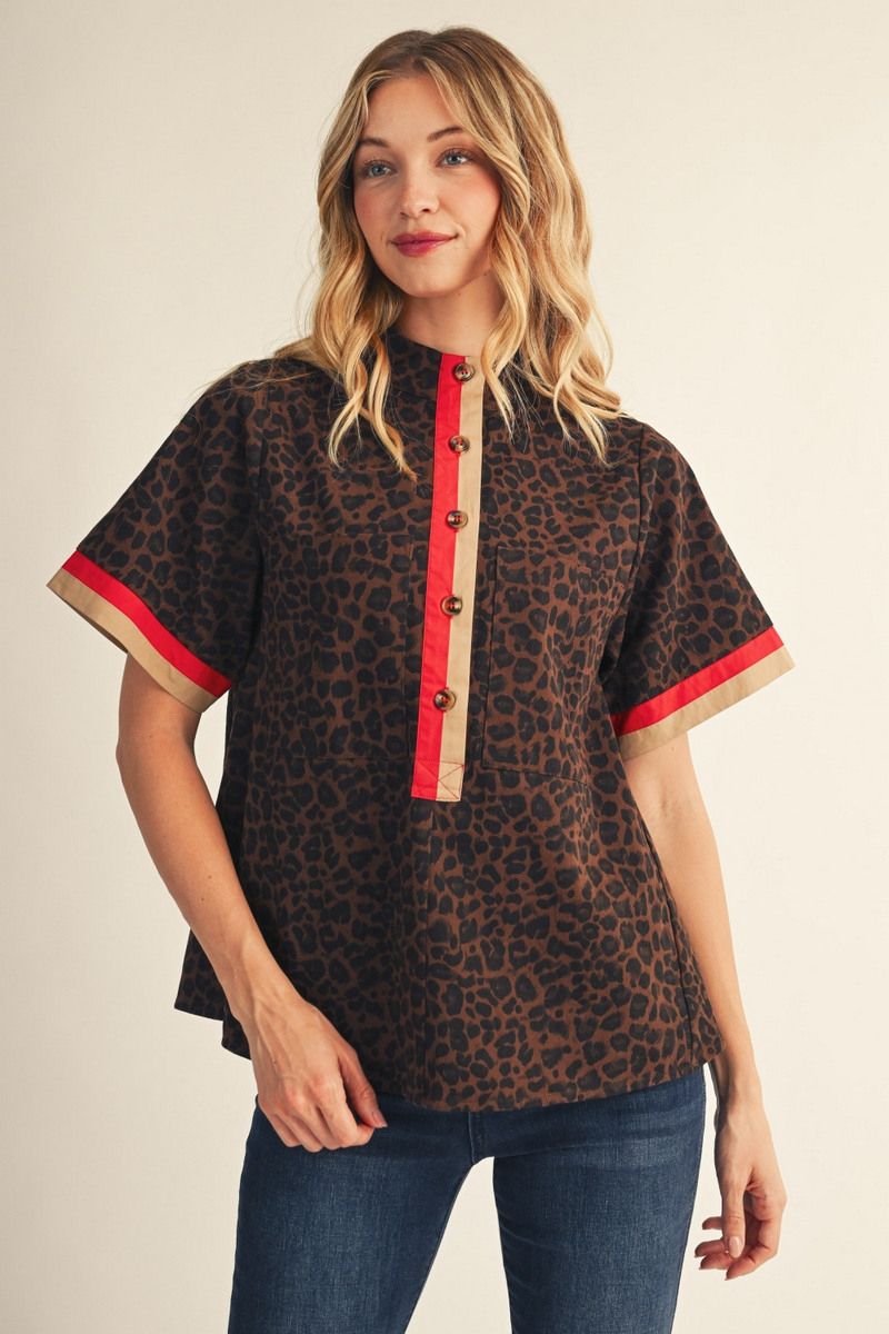 LEOPARD SMOCK NECK BROWN TOP