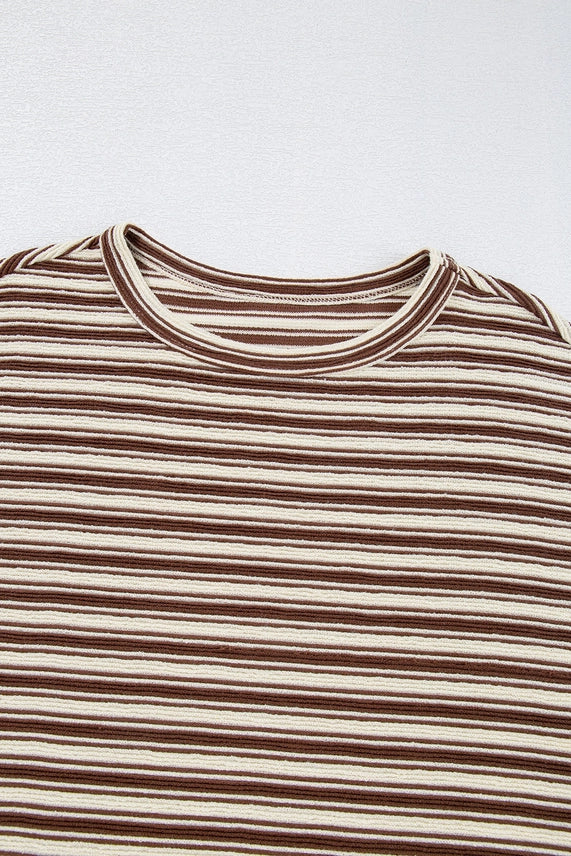 TEXTURED BROWN STRIPE CREW NECK TOP