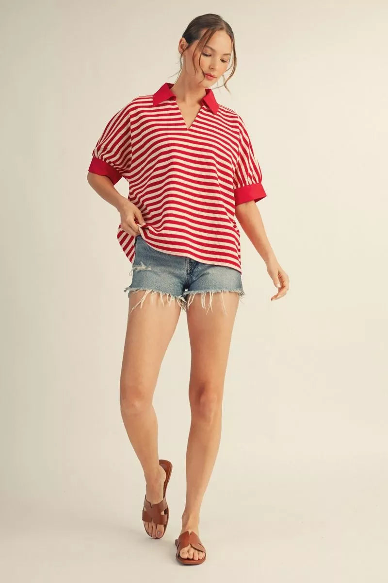 COLLAR STRIPE SS RED TOP