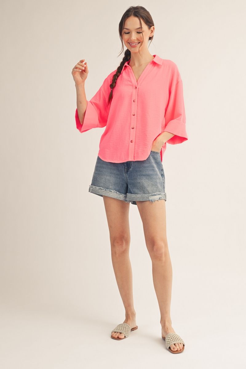 DROP SHOULDER 3/4 NEON PINK SS TOP
