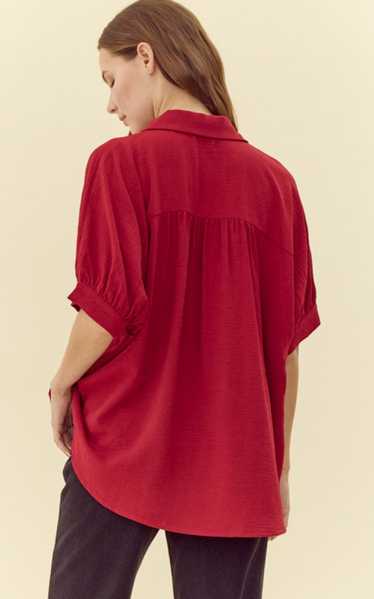 Collared Burgundy Puff Sleeve Top