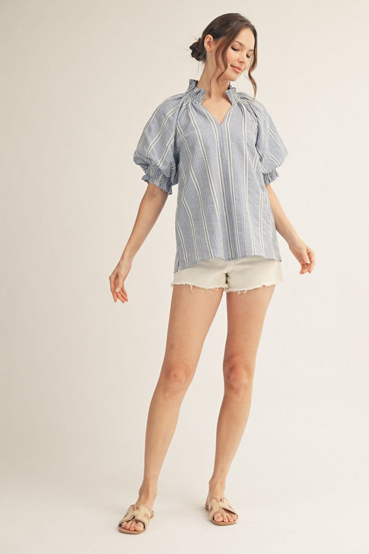 NOTCHED STRIPE BLUE TOP
