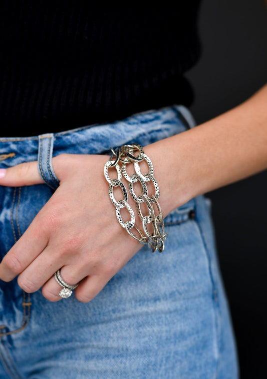 Hammered Silver three strand Chain Toggle Bracelet