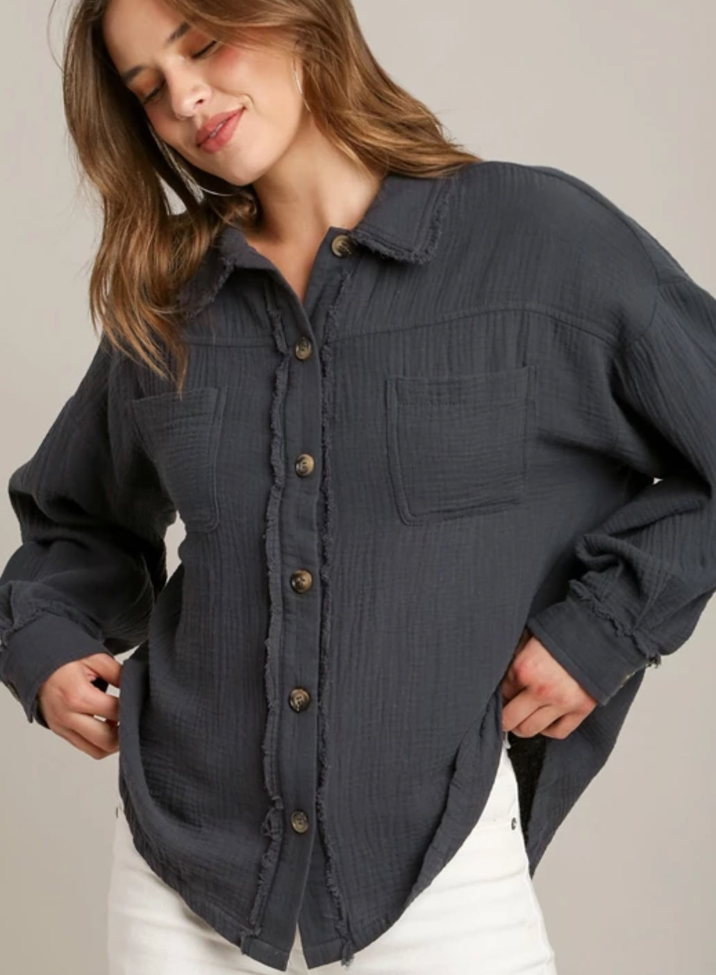 Button Up Blue Ash LS Top