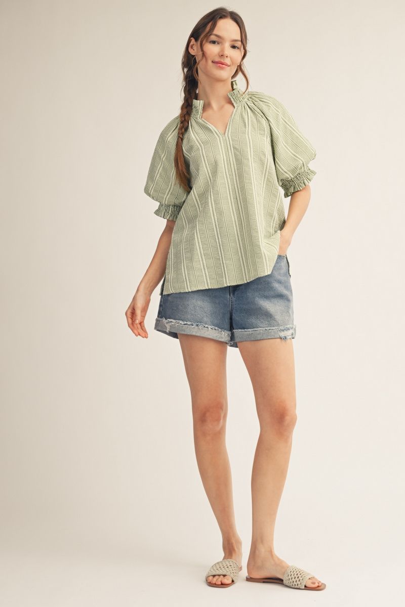 NOTCHED STRIPE SAGE TOP