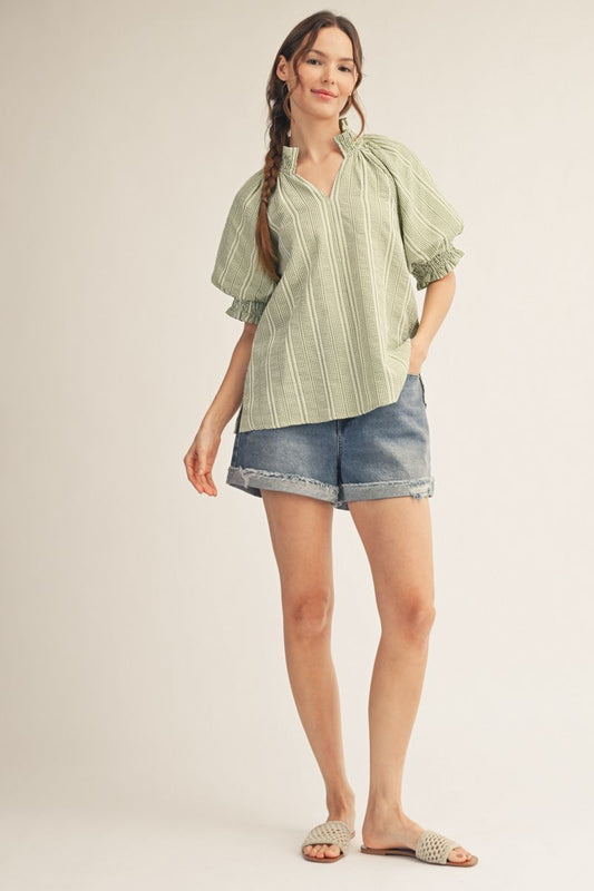 NOTCHED STRIPE SAGE TOP