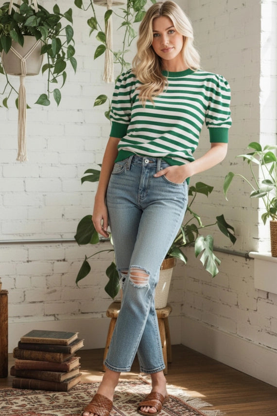 STRIPE PUFF KNIT GREEN/WHITE TOP