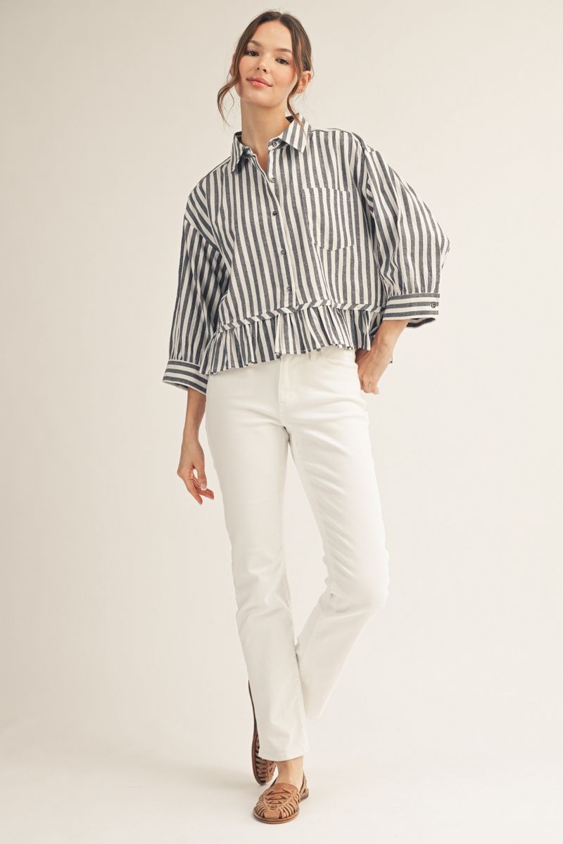 STRIPE RUFFLE NAVY TOP