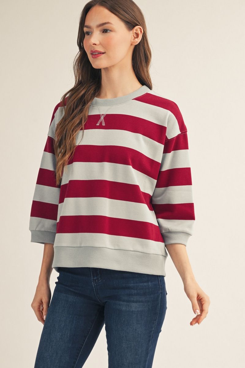 3/4 STRIPE BURGUNDY TOP