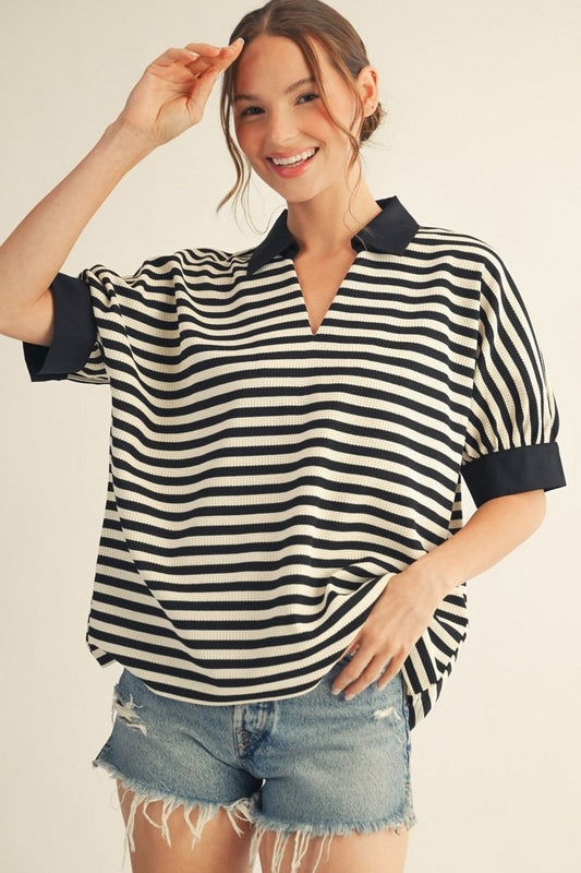 COLLAR STRIPE SS BLACK TOP