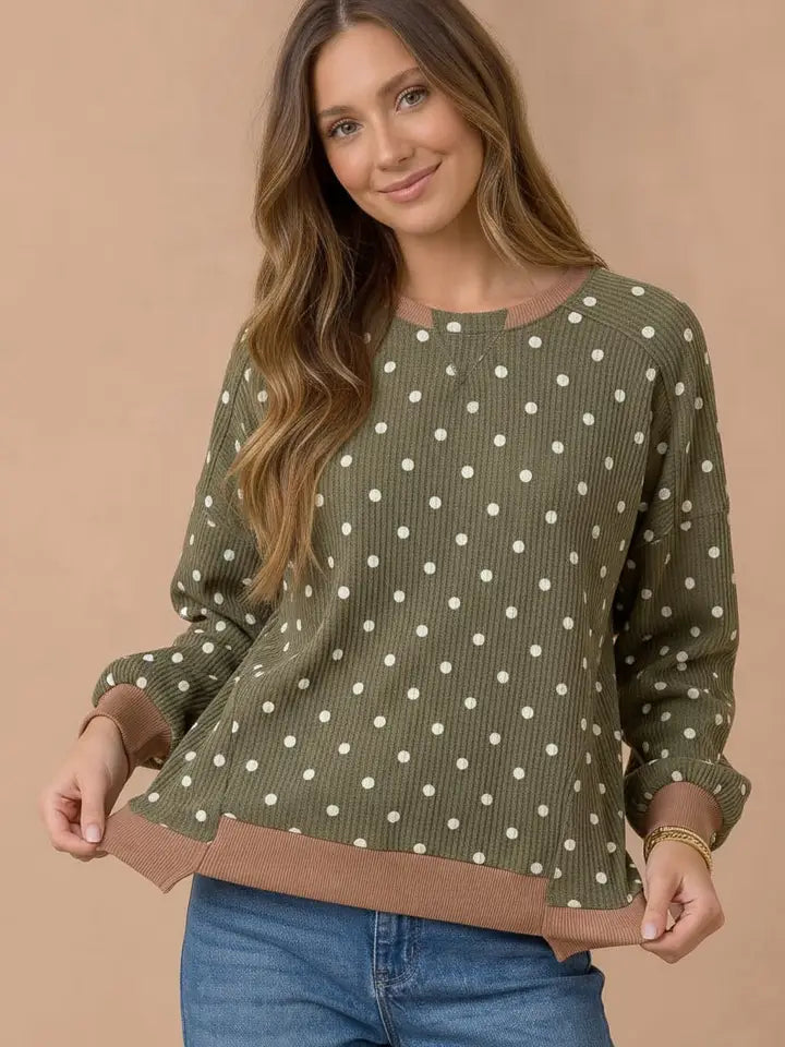 DOTTED OLIVE WAVE LS TOP