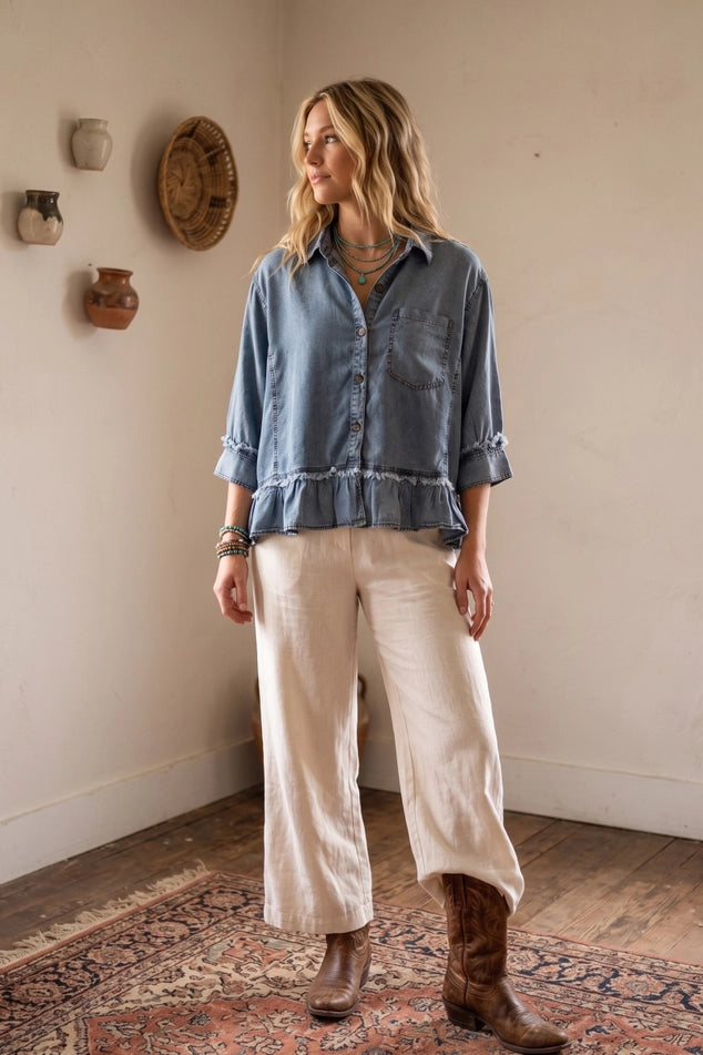 RUFFLE HEM DENIM TOP