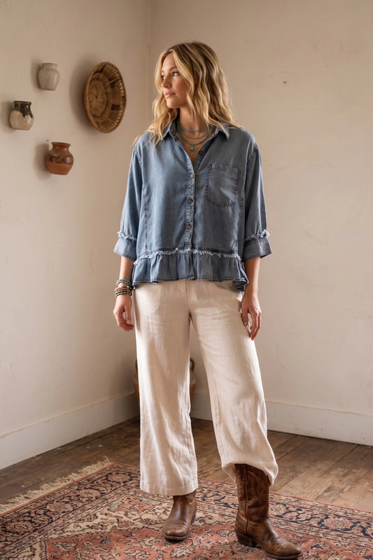 RUFFLE HEM DENIM TOP
