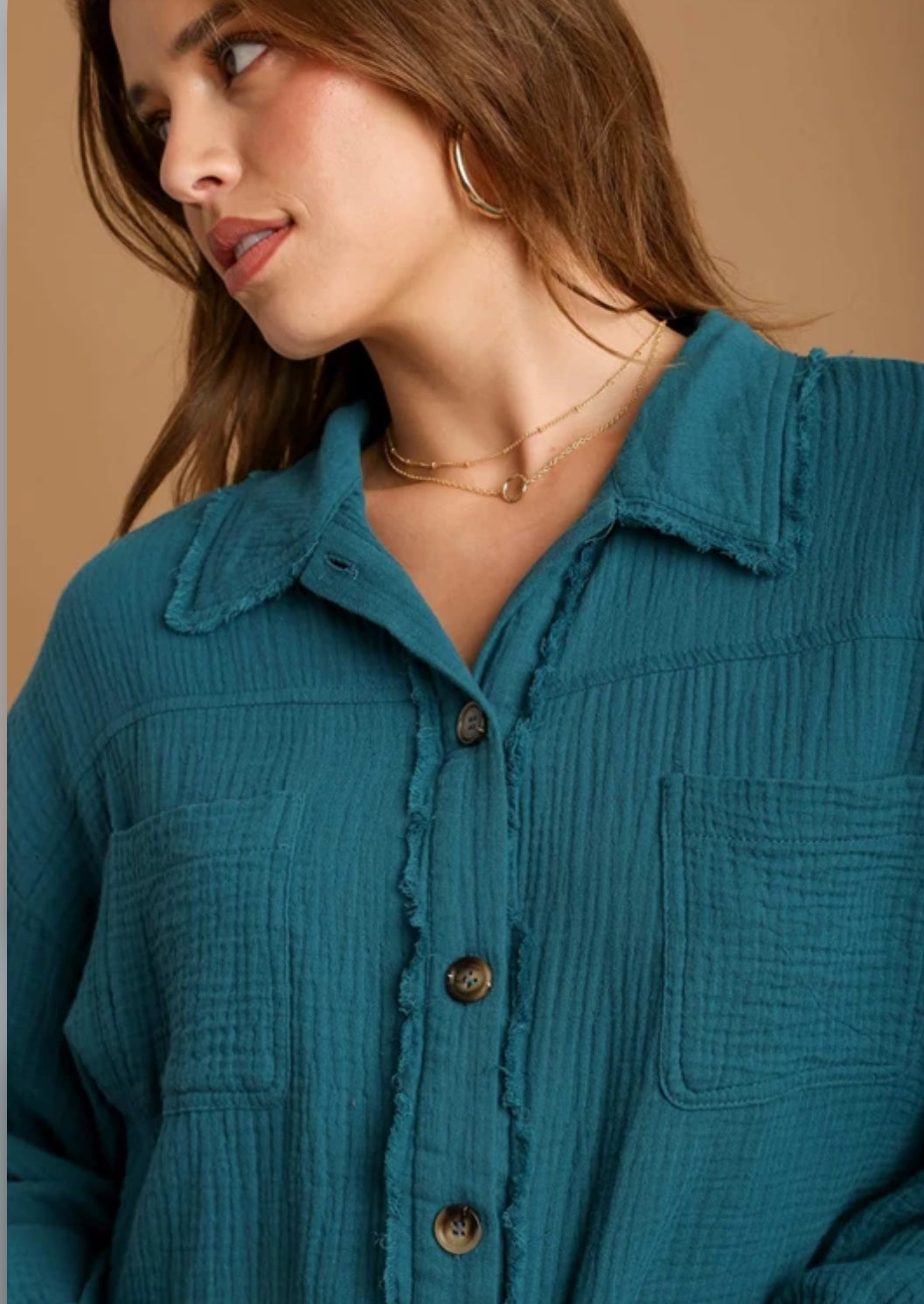 Button Up Teal LS Top