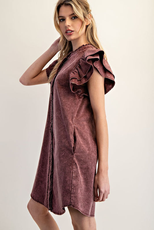 WINE WASHED BUTTON DRESS