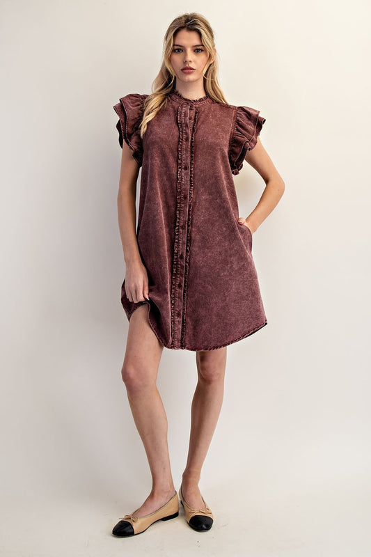 WINE WASHED BUTTON DRESS