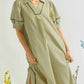 STRIPE PUFF SLEEVE LIGHT OLIVE MIDI DRESS