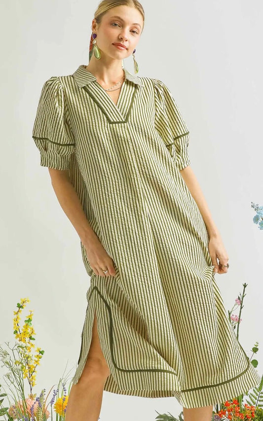 STRIPE PUFF SLEEVE LIGHT OLIVE MIDI DRESS