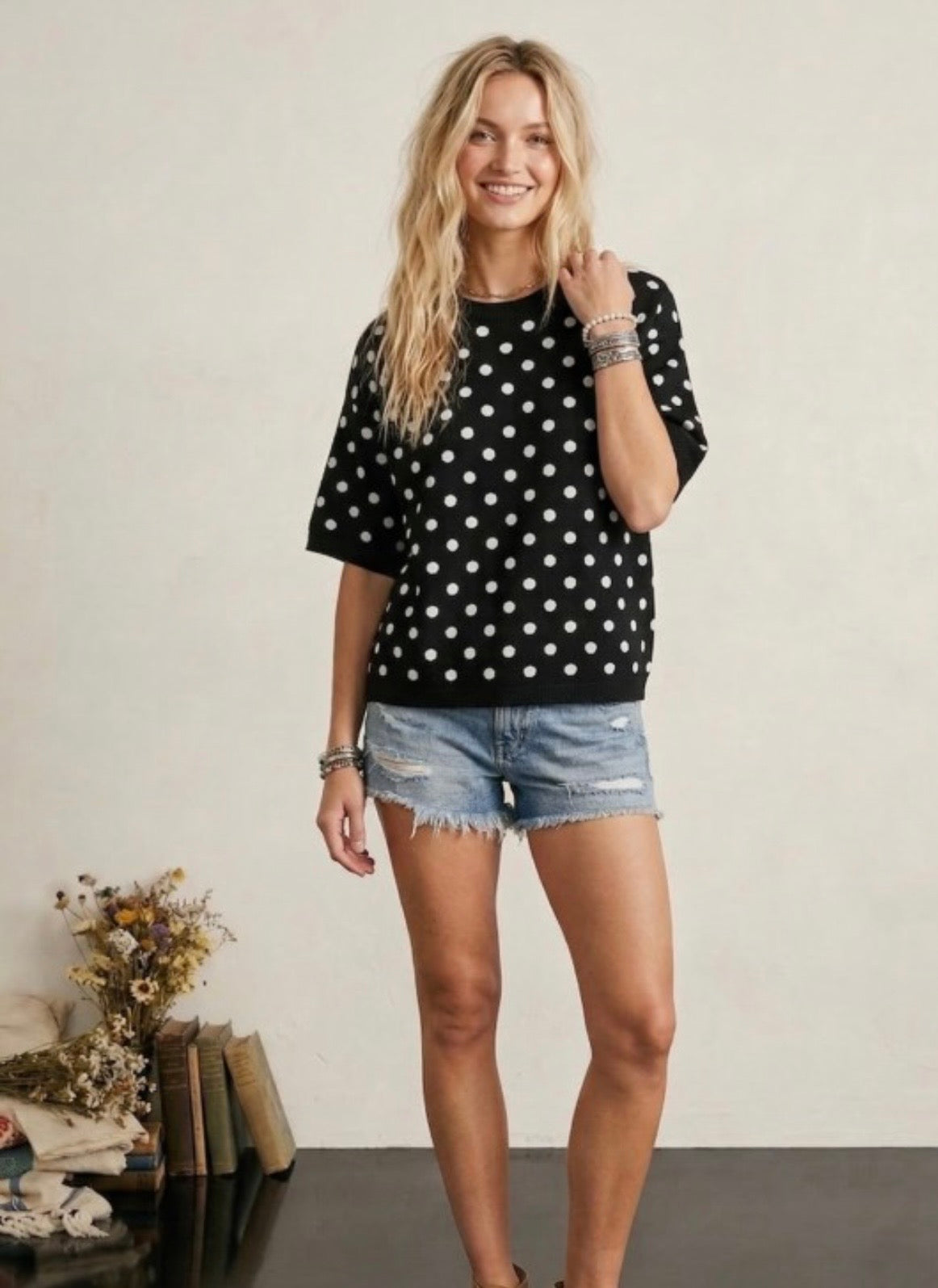 POLKA DOT KNIT BLACK/WHITE TOP