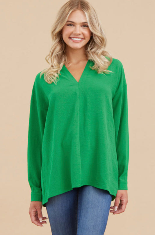 V-Neck Green Button Sleeve Top