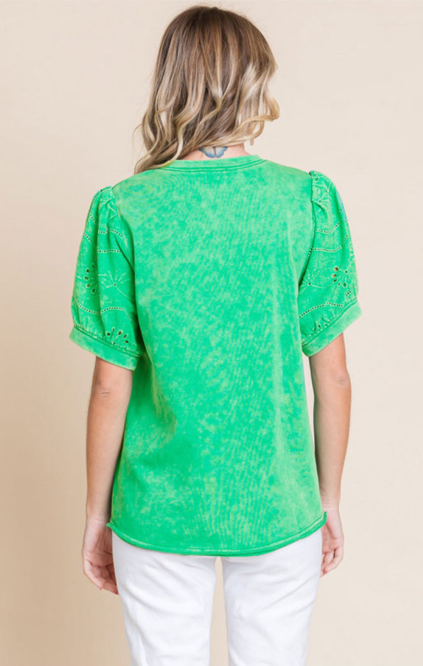 Green Eyelet Puff Sleeve Top