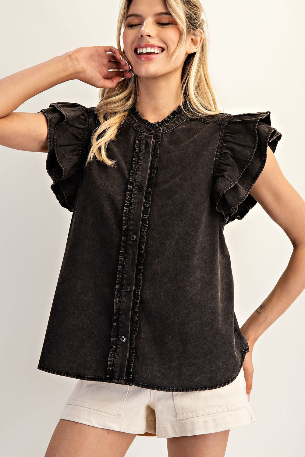 BLACK RUFFLE TRIM TOP