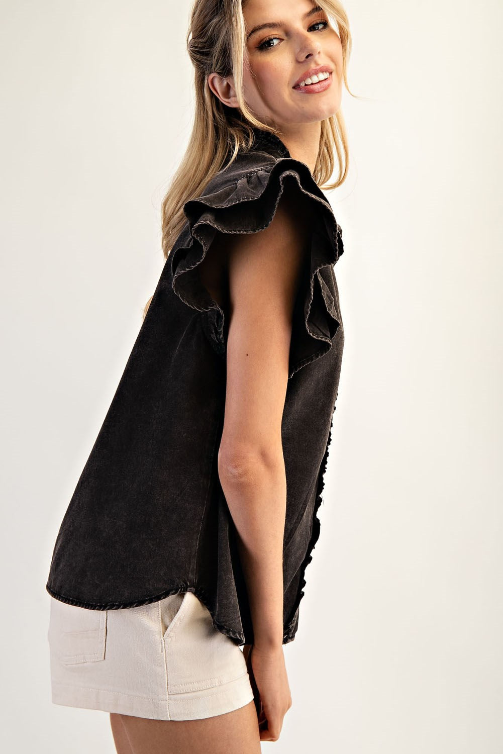 BLACK RUFFLE TRIM TOP