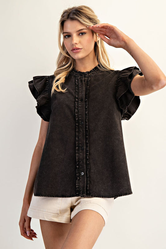 BLACK RUFFLE TRIM TOP