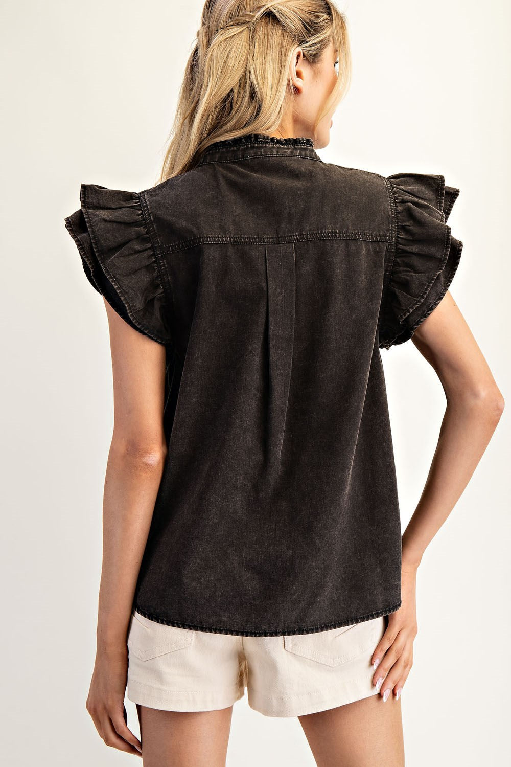 BLACK RUFFLE TRIM TOP