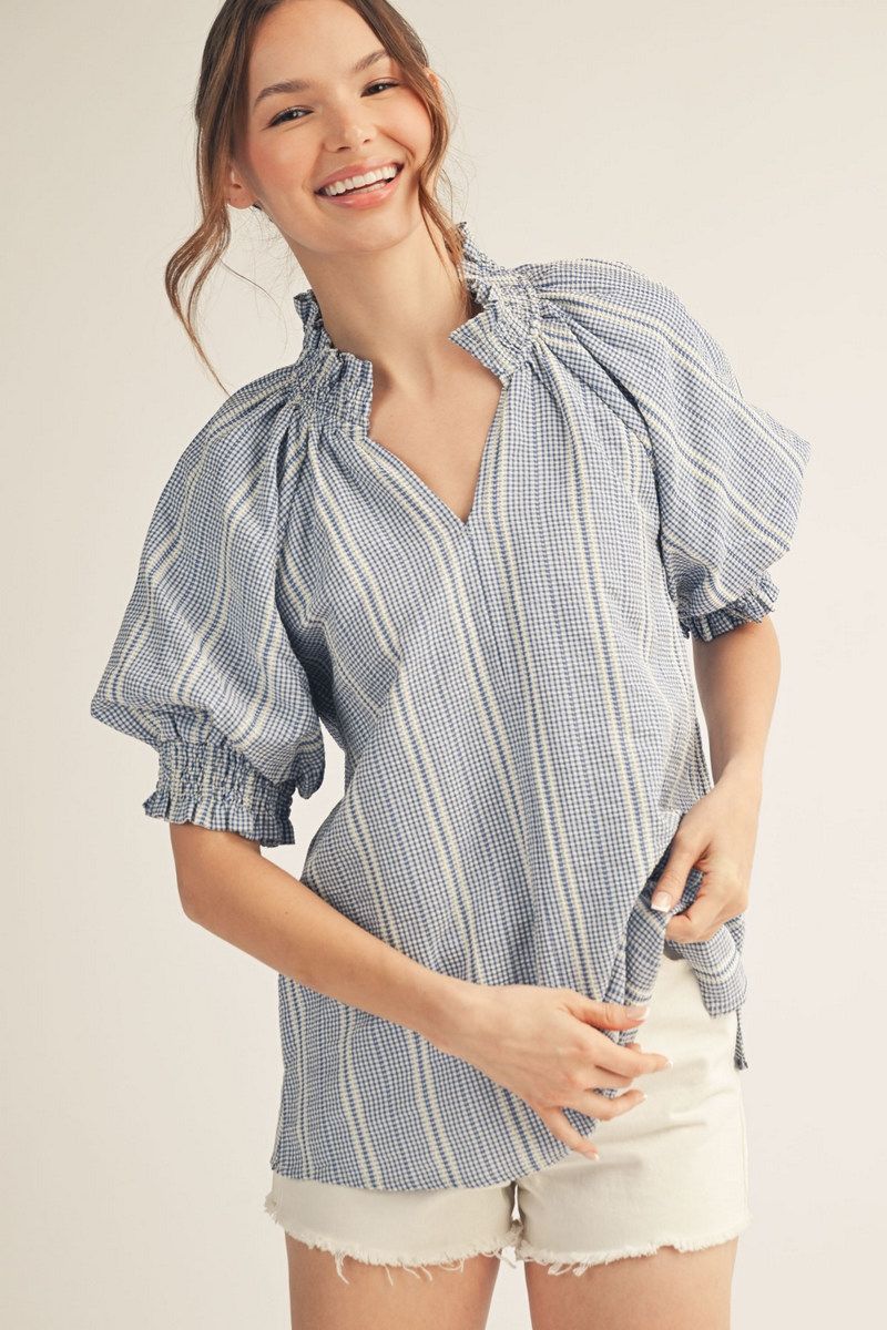 NOTCHED STRIPE BLUE TOP