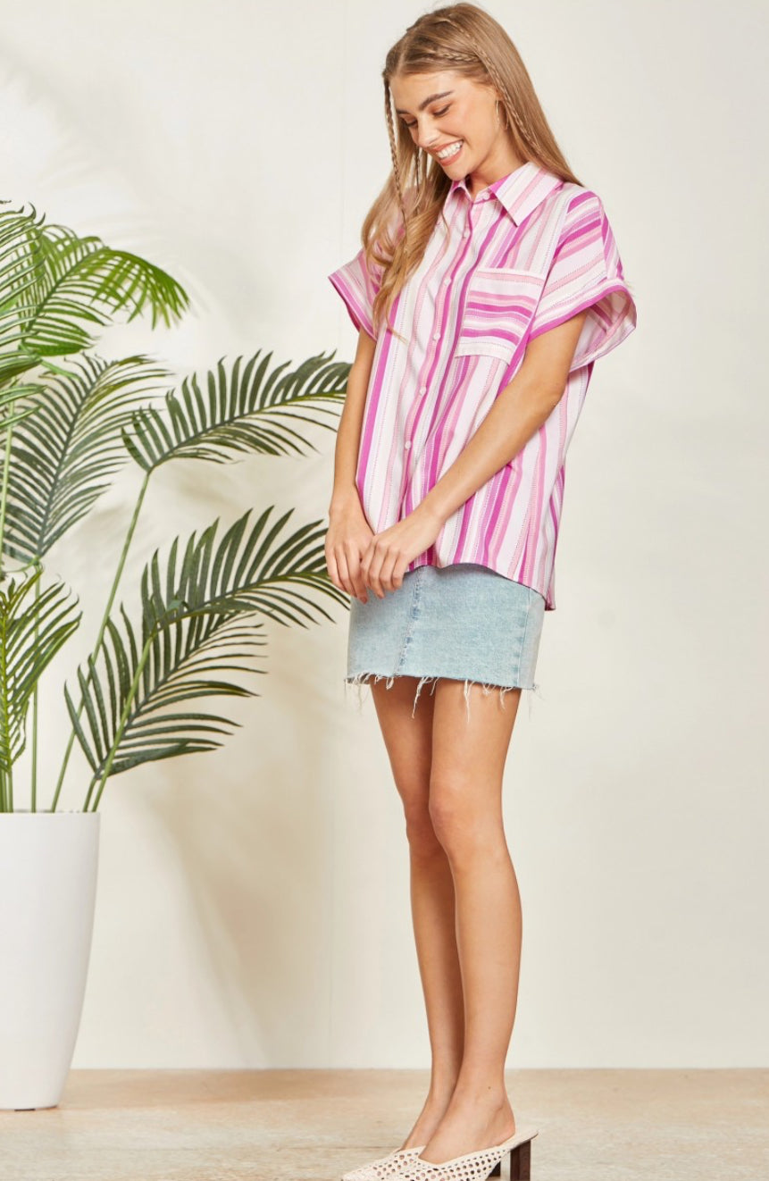 Magenta Stripe Button-Up Top